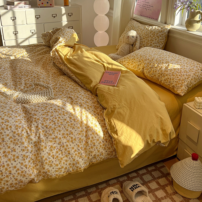 91家纺网 家纺一手货源 找家纺 仟网汇 2025新款古法水洗仿棉云感纱四件套 小黄花