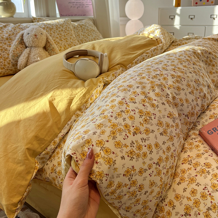 91家纺网 家纺一手货源 找家纺 仟网汇 2025新款古法水洗仿棉云感纱四件套 小黄花