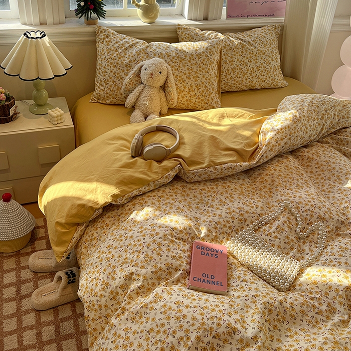 91家纺网 家纺一手货源 找家纺 仟网汇 2025新款古法水洗仿棉云感纱四件套 小黄花