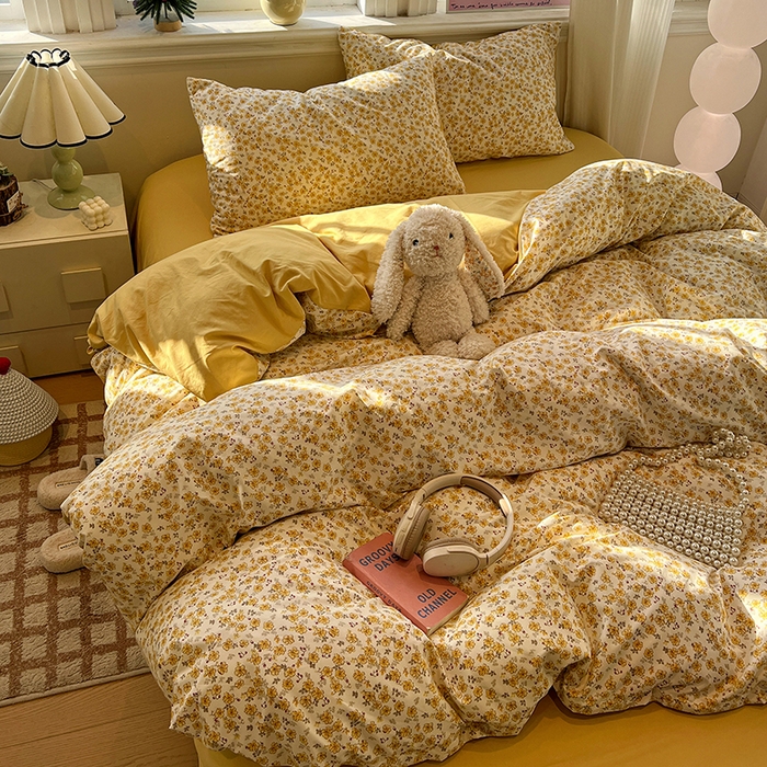 91家纺网 家纺一手货源 找家纺 仟网汇 2025新款古法水洗仿棉云感纱四件套 小黄花