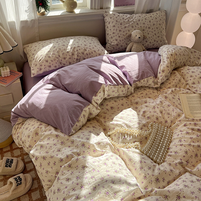 91家纺网 家纺一手货源 找家纺 仟网汇 2025新款古法水洗仿棉云感纱四件套 薰衣草