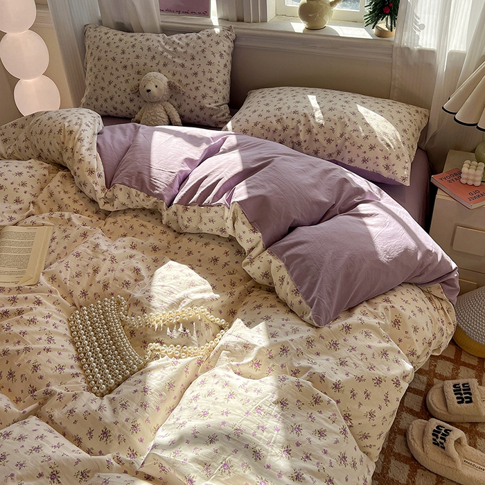 91家纺网 家纺一手货源 找家纺 仟网汇 2025新款古法水洗仿棉云感纱四件套 薰衣草