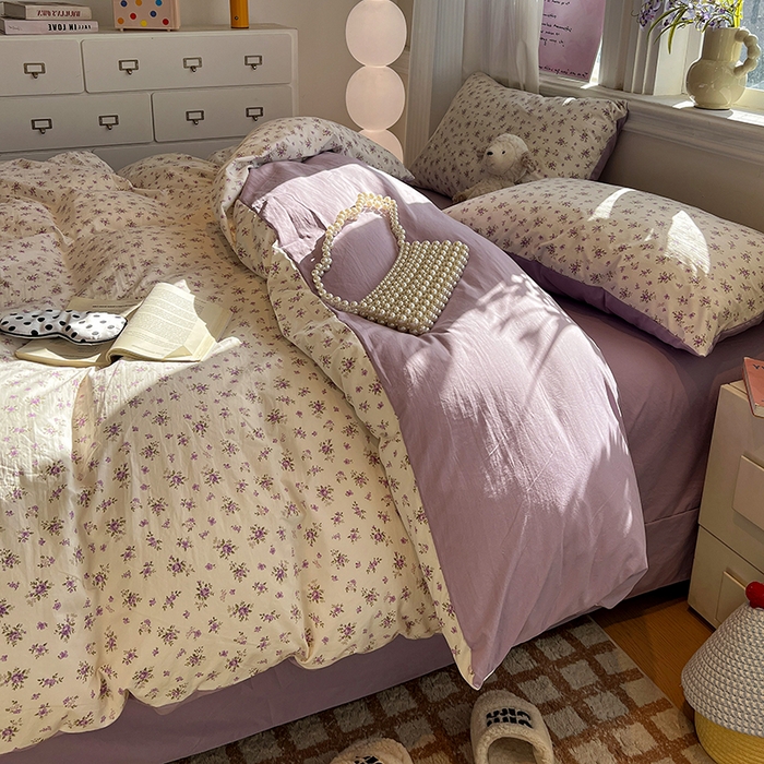 91家纺网 家纺一手货源 找家纺 仟网汇 2025新款古法水洗仿棉云感纱四件套 薰衣草