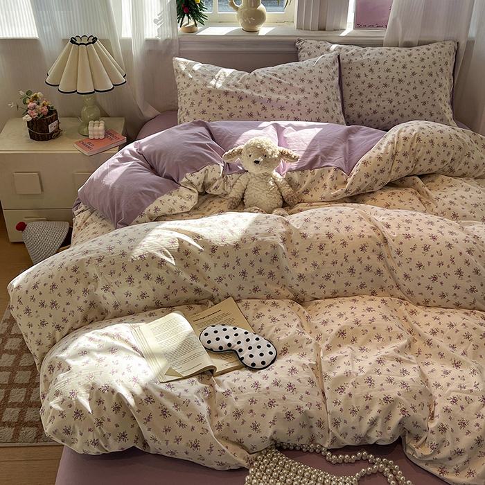 91家纺网 家纺一手货源 找家纺 仟网汇 2025新款古法水洗仿棉云感纱四件套 薰衣草