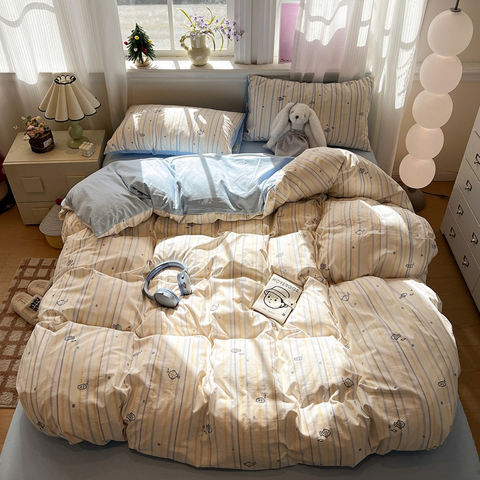 91家纺网 家纺一手货源 找家纺 仟网汇 2025新款古法水洗仿棉云感纱四件套 鱼多多