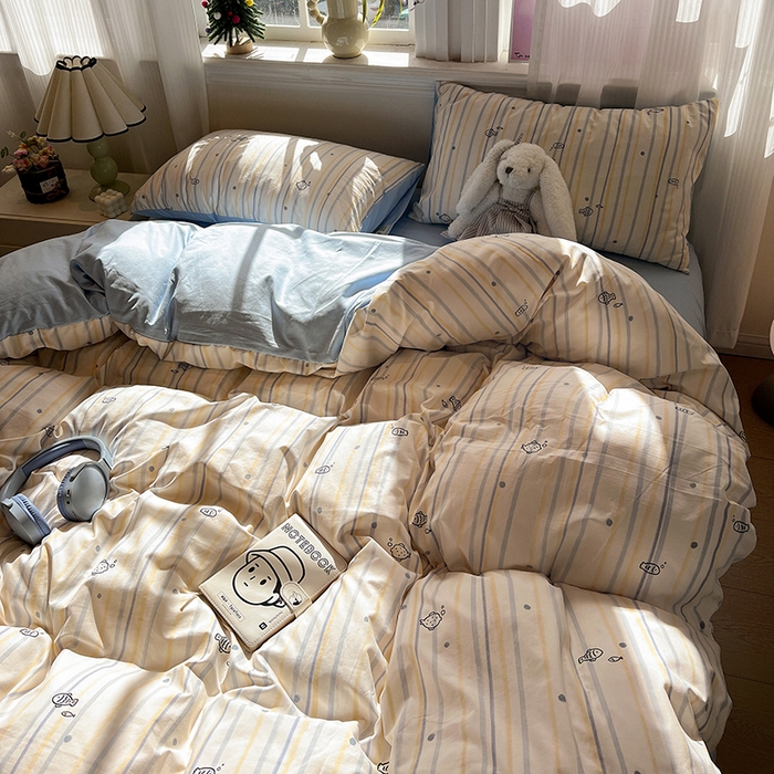 91家纺网 家纺一手货源 找家纺 仟网汇 2025新款古法水洗仿棉云感纱四件套 鱼多多