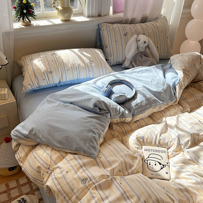 91家纺网 家纺一手货源 找家纺 仟网汇 2025新款古法水洗仿棉云感纱四件套 鱼多多