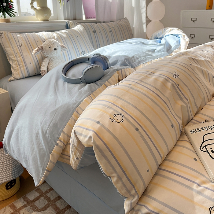 91家纺网 家纺一手货源 找家纺 仟网汇 2025新款古法水洗仿棉云感纱四件套 鱼多多