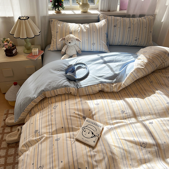 91家纺网 家纺一手货源 找家纺 仟网汇 2025新款古法水洗仿棉云感纱四件套 鱼多多