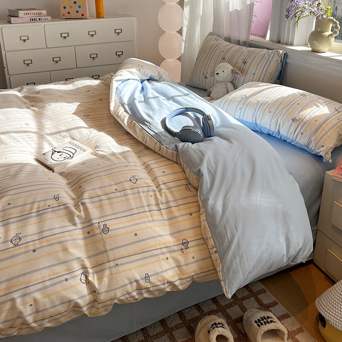 91家纺网 家纺一手货源 找家纺 仟网汇 2025新款古法水洗仿棉云感纱四件套 鱼多多