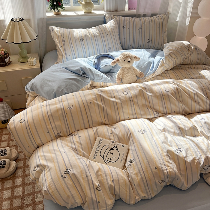 91家纺网 家纺一手货源 找家纺 仟网汇 2025新款古法水洗仿棉云感纱四件套 鱼多多