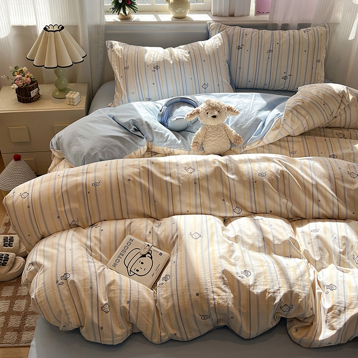 91家纺网 家纺一手货源 找家纺 仟网汇 2025新款古法水洗仿棉云感纱四件套 鱼多多