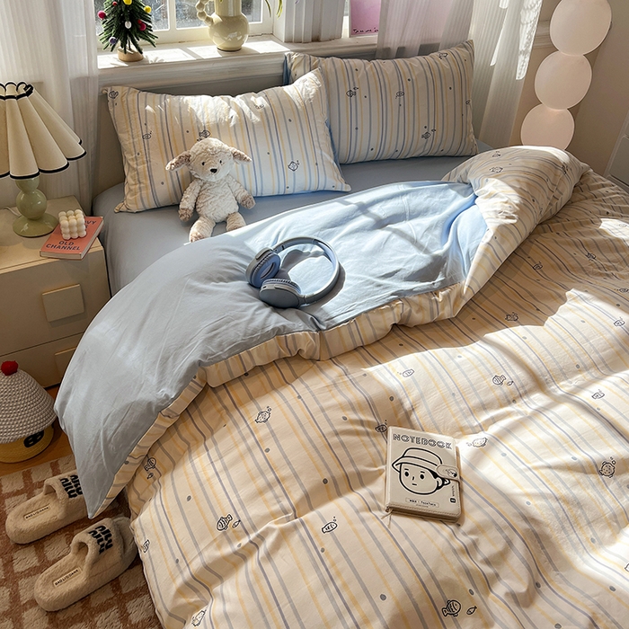 91家纺网 家纺一手货源 找家纺 仟网汇 2025新款古法水洗仿棉云感纱四件套 鱼多多