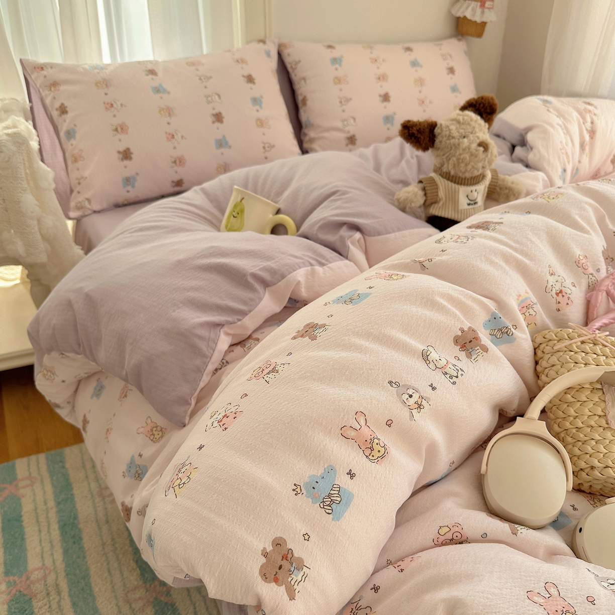 91家纺网 家纺一手货源 找家纺 （总）初念 2025新款敲可爱的奶呼呼云感双层纱简约四件套系列超级治愈~