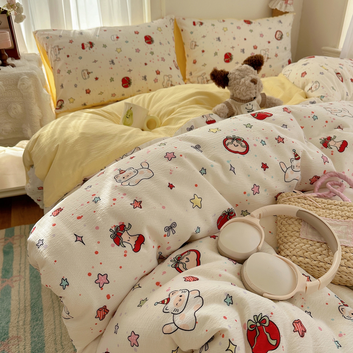 91家纺网 家纺一手货源 找家纺 （总）初念 2025新款敲可爱的奶呼呼云感双层纱简约四件套系列超级治愈~