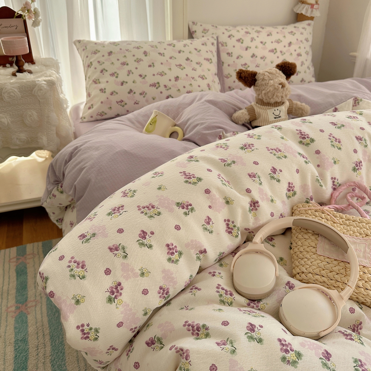 91家纺网 家纺一手货源 找家纺 （总）初念 2025新款敲可爱的奶呼呼云感双层纱简约四件套系列超级治愈~