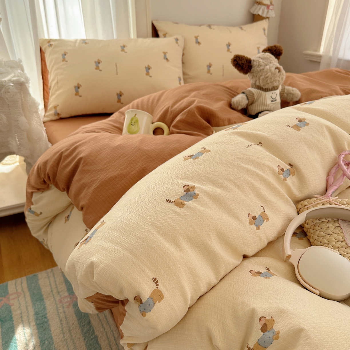 91家纺网 家纺一手货源 找家纺 （总）初念 2025新款敲可爱的奶呼呼云感双层纱简约四件套系列超级治愈~