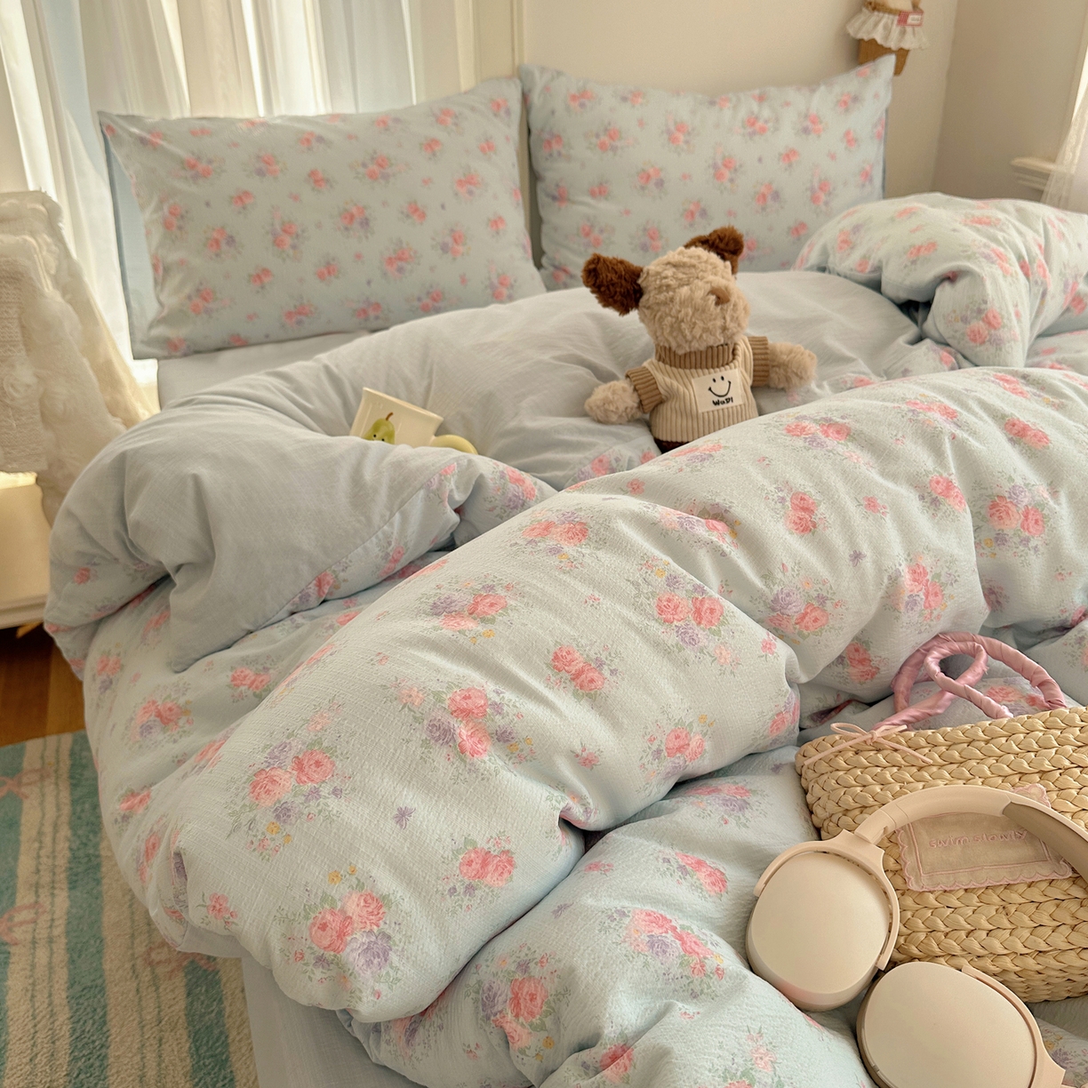 91家纺网 家纺一手货源 找家纺 （总）初念 2025新款敲可爱的奶呼呼云感双层纱简约四件套系列超级治愈~