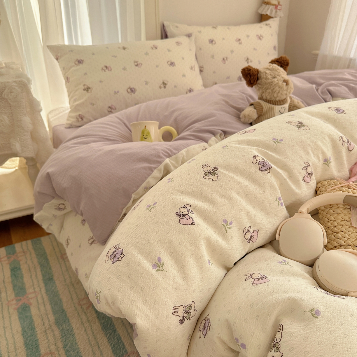 91家纺网 家纺一手货源 找家纺 （总）初念 2025新款敲可爱的奶呼呼云感双层纱简约四件套系列超级治愈~