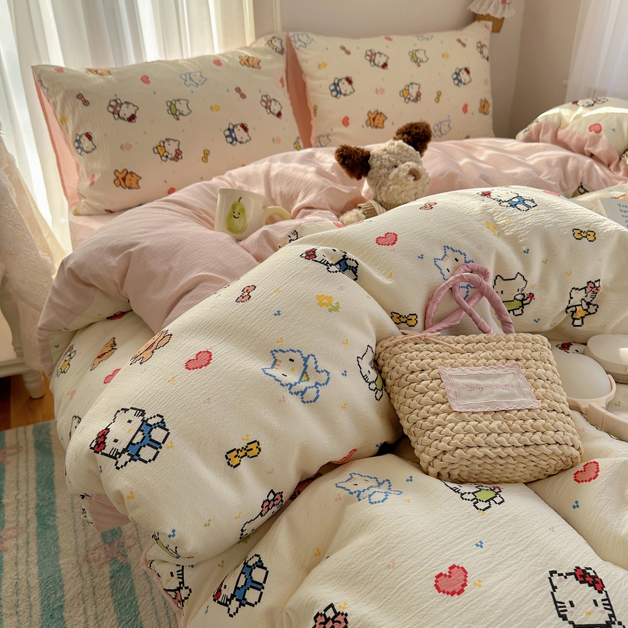 91家纺网 家纺一手货源 找家纺 （总）初念 2025新款敲可爱的奶呼呼云感双层纱简约四件套系列超级治愈~