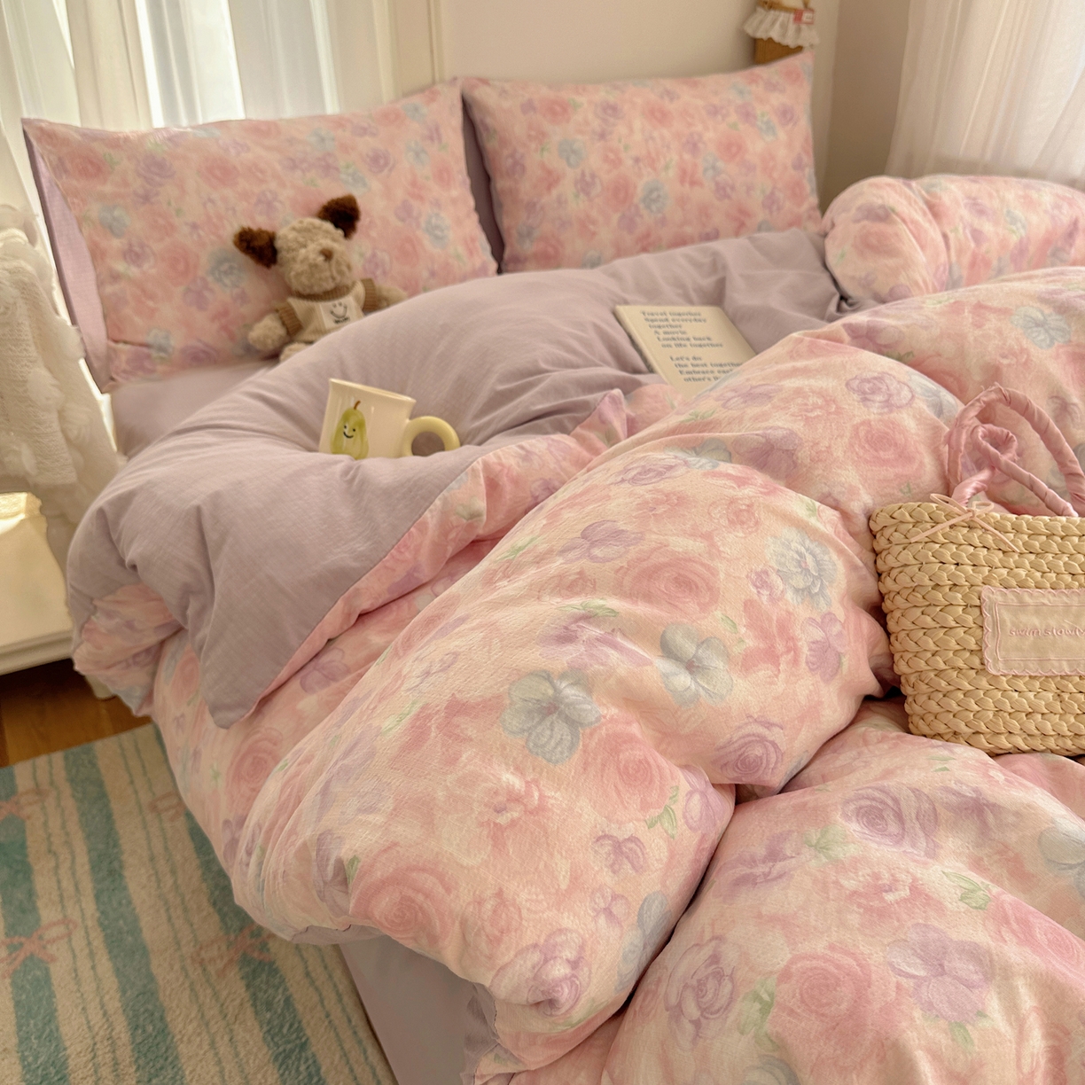 91家纺网 家纺一手货源 找家纺 （总）初念 2025新款敲可爱的奶呼呼云感双层纱简约四件套系列超级治愈~