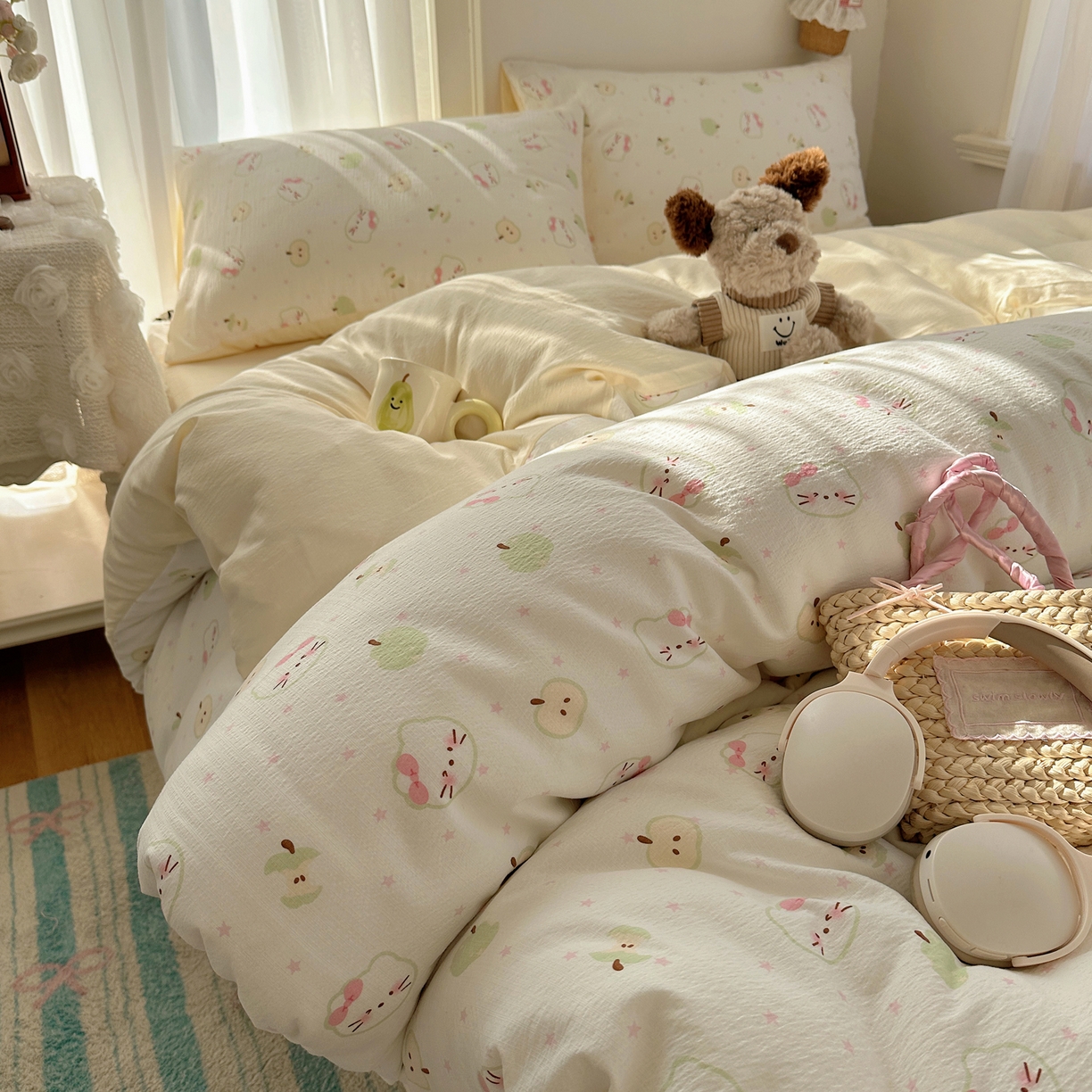 91家纺网 家纺一手货源 找家纺 （总）初念 2025新款敲可爱的奶呼呼云感双层纱简约四件套系列超级治愈~