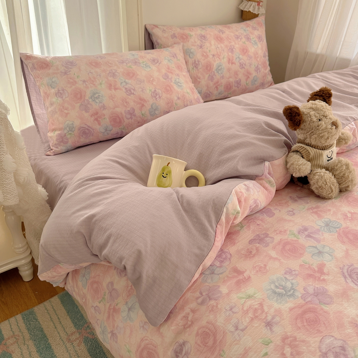 91家纺网 家纺一手货源 找家纺 初念 2025新款敲可爱的奶呼呼云感双层纱简约四件套系列超级治愈~ 烟紫