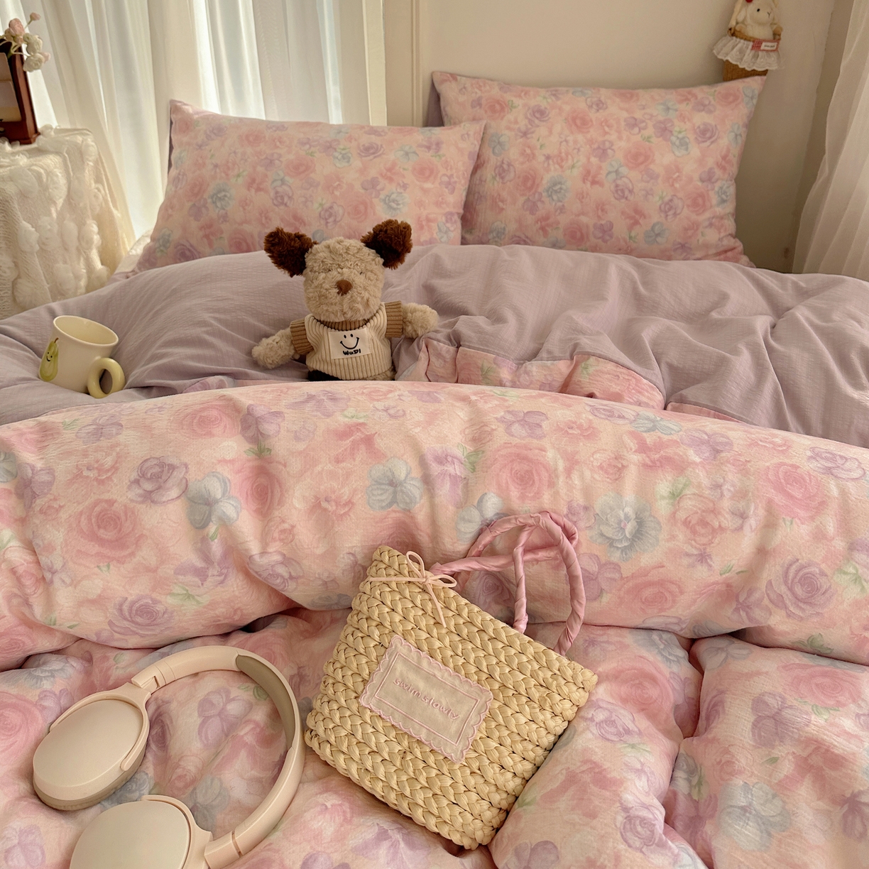 91家纺网 家纺一手货源 找家纺 初念 2025新款敲可爱的奶呼呼云感双层纱简约四件套系列超级治愈~ 烟紫