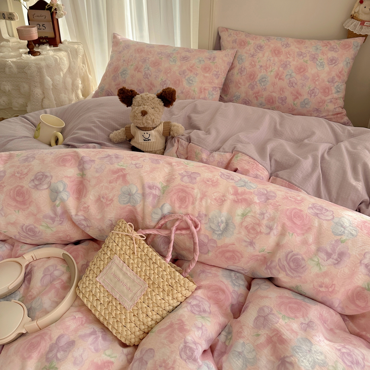 91家纺网 家纺一手货源 找家纺 初念 2025新款敲可爱的奶呼呼云感双层纱简约四件套系列超级治愈~ 烟紫