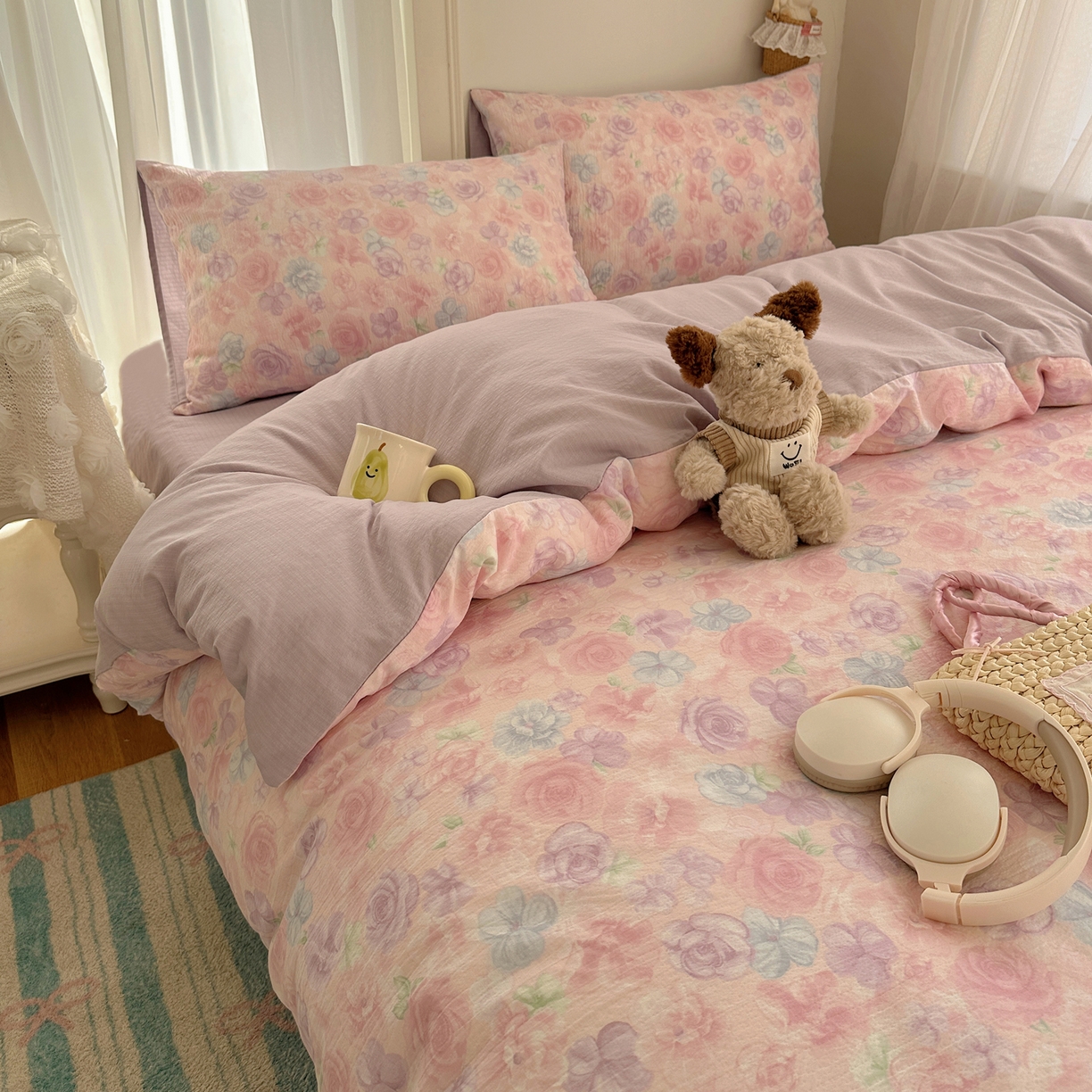 91家纺网 家纺一手货源 找家纺 初念 2025新款敲可爱的奶呼呼云感双层纱简约四件套系列超级治愈~ 烟紫