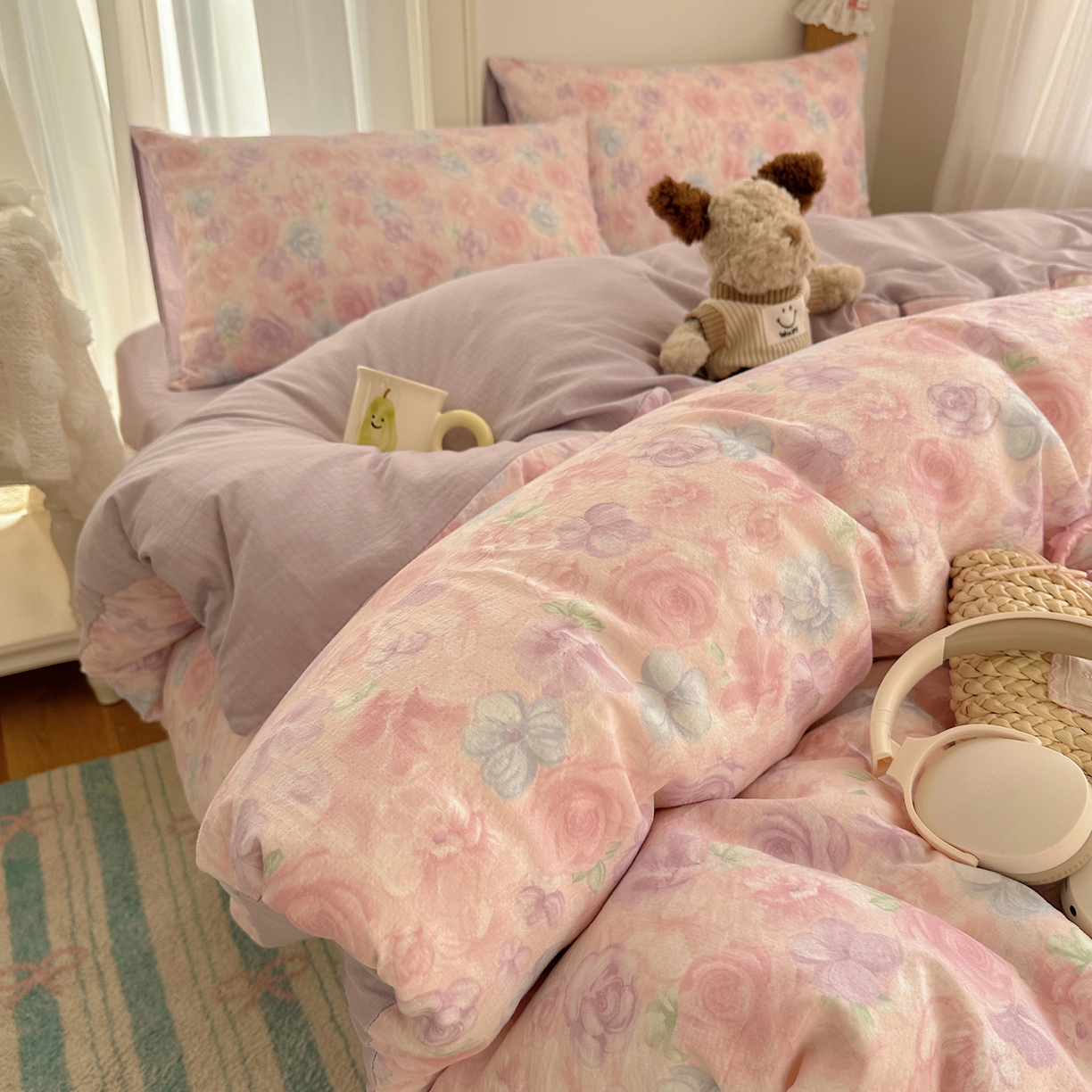 91家纺网 家纺一手货源 找家纺 初念 2025新款敲可爱的奶呼呼云感双层纱简约四件套系列超级治愈~ 烟紫