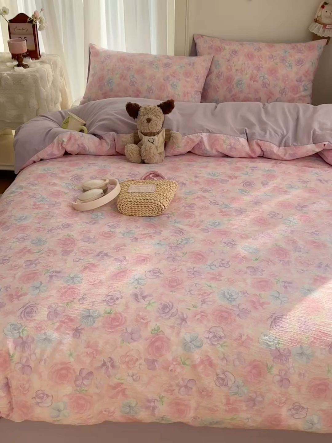 91家纺网 家纺一手货源 找家纺 初念 2025新款敲可爱的奶呼呼云感双层纱简约四件套系列超级治愈~ 烟紫