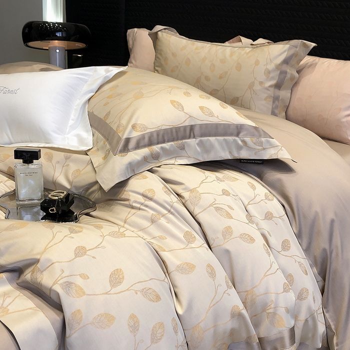 91家纺网 家纺一手货源 找家纺 黑白森林 2025新款50S高支天丝棉色织提花四件套 安露西-咖棕