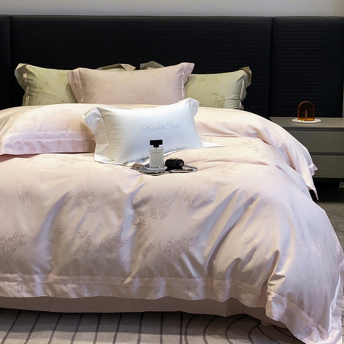 91家纺网 家纺一手货源 找家纺 黑白森林 2025新款50S高支天丝棉色织提花四件套 杜乐丽-蜜粉