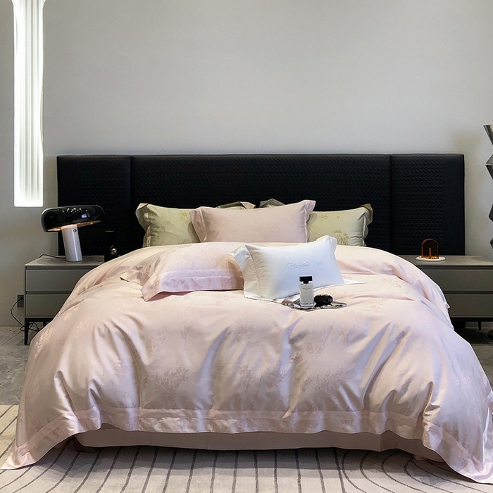 91家纺网 家纺一手货源 找家纺 黑白森林 2025新款50S高支天丝棉色织提花四件套 杜乐丽-蜜粉