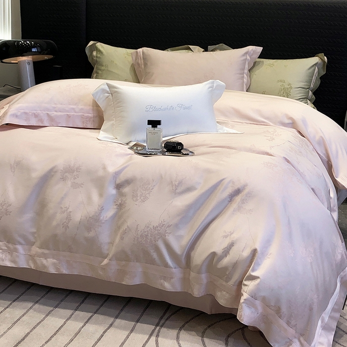 91家纺网 家纺一手货源 找家纺 黑白森林 2025新款50S高支天丝棉色织提花四件套 杜乐丽-蜜粉