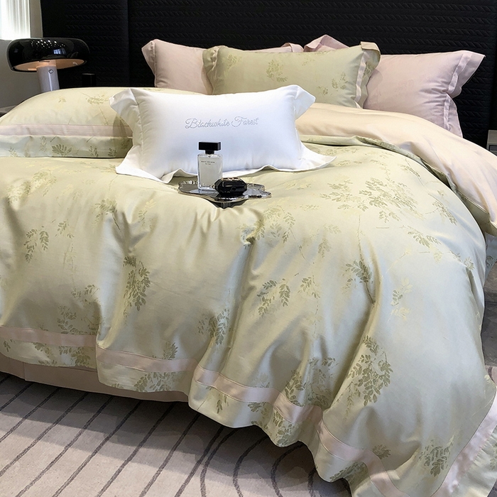 91家纺网 家纺一手货源 找家纺 黑白森林 2025新款50S高支天丝棉色织提花四件套 杜乐丽-雪芽绿