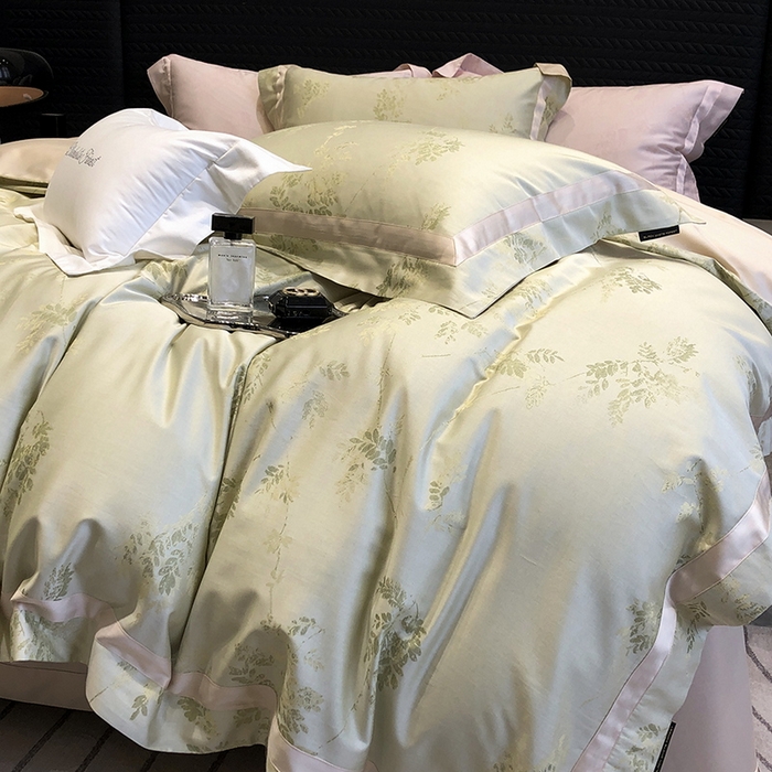 91家纺网 家纺一手货源 找家纺 黑白森林 2025新款50S高支天丝棉色织提花四件套 杜乐丽-雪芽绿