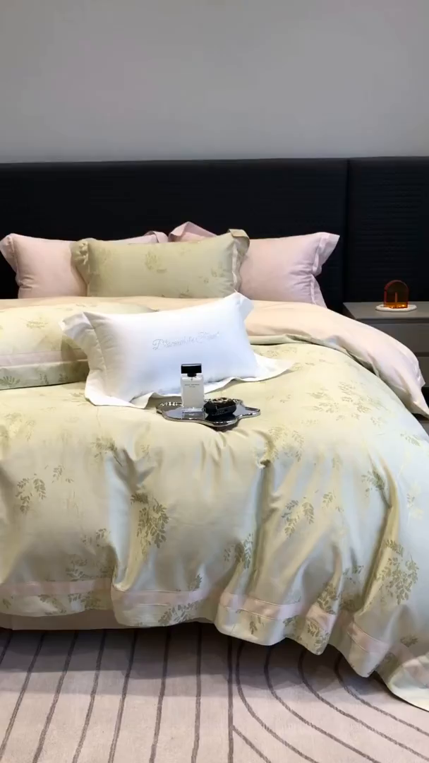 91家纺网 家纺一手货源 找家纺 黑白森林 2025新款50S高支天丝棉色织提花四件套 杜乐丽-雪芽绿