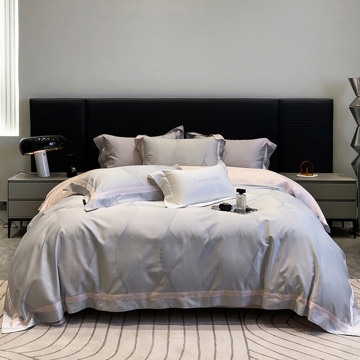 91家纺网 家纺一手货源 找家纺 黑白森林 2025新款50S高支天丝棉色织提花四件套 光之舞-柔蓝