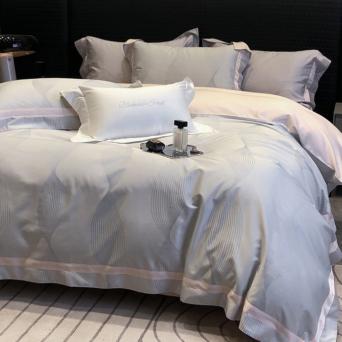 91家纺网 家纺一手货源 找家纺 黑白森林 2025新款50S高支天丝棉色织提花四件套 光之舞-柔蓝