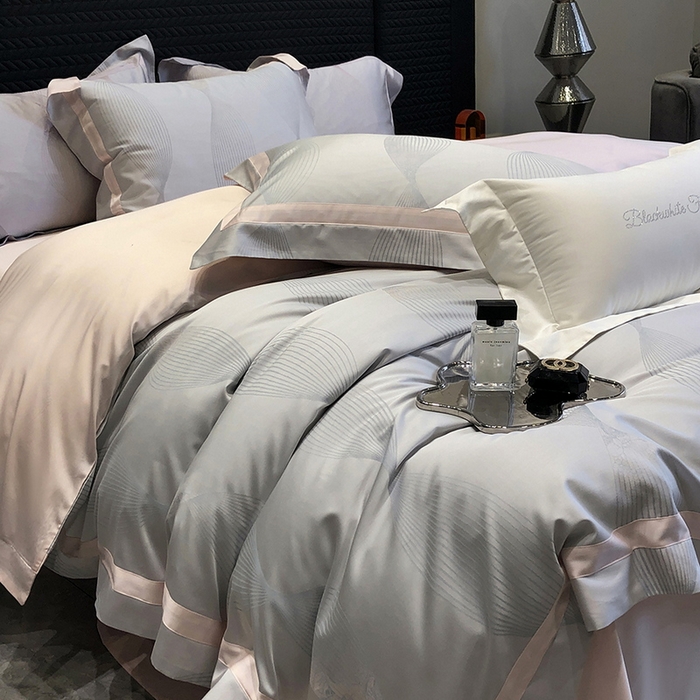 91家纺网 家纺一手货源 找家纺 黑白森林 2025新款50S高支天丝棉色织提花四件套 光之舞-柔蓝