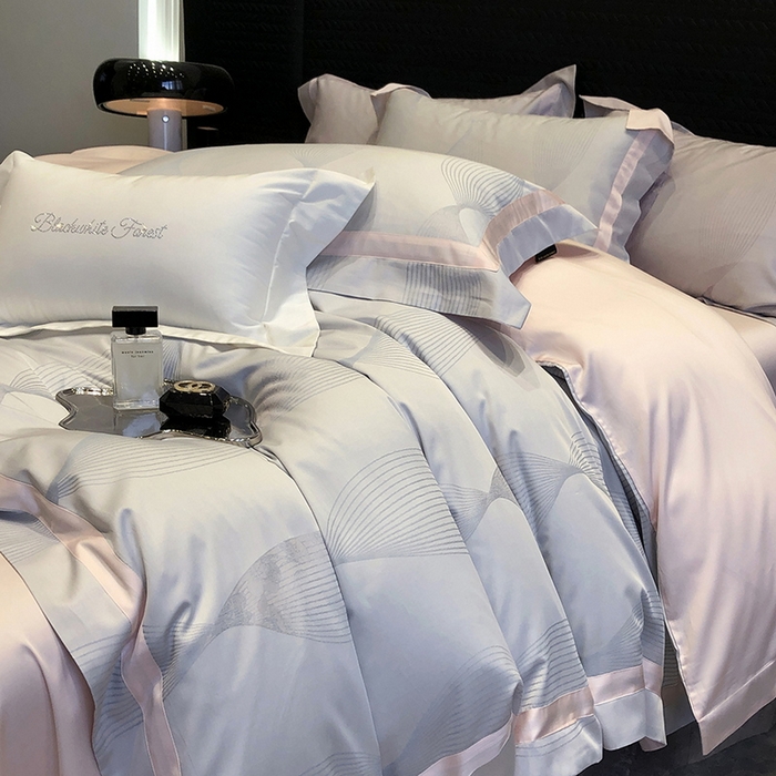 91家纺网 家纺一手货源 找家纺 黑白森林 2025新款50S高支天丝棉色织提花四件套 光之舞-柔蓝