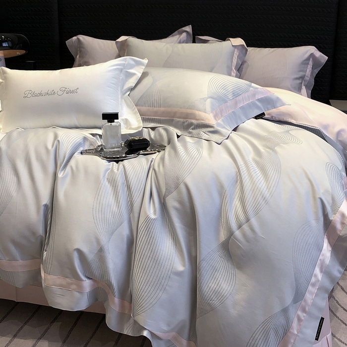 91家纺网 家纺一手货源 找家纺 黑白森林 2025新款50S高支天丝棉色织提花四件套 光之舞-柔蓝