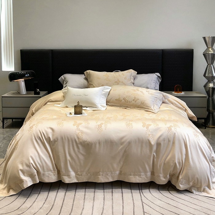 91家纺网 家纺一手货源 找家纺 黑白森林 2025新款50S高支天丝棉色织提花四件套 鸢蝶舞-香槟