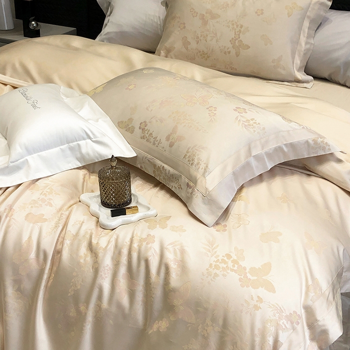 91家纺网 家纺一手货源 找家纺 黑白森林 2025新款50S高支天丝棉色织提花四件套 鸢蝶舞-香槟