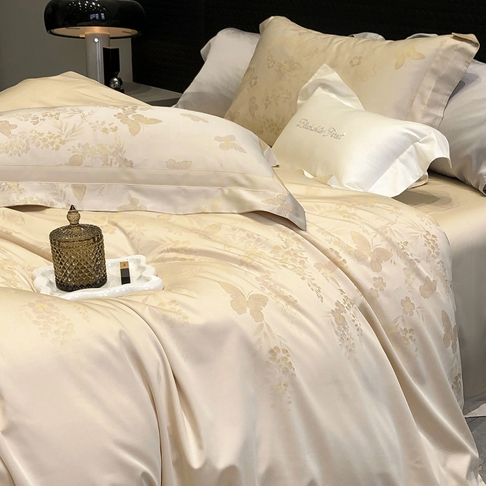 91家纺网 家纺一手货源 找家纺 黑白森林 2025新款50S高支天丝棉色织提花四件套 鸢蝶舞-香槟