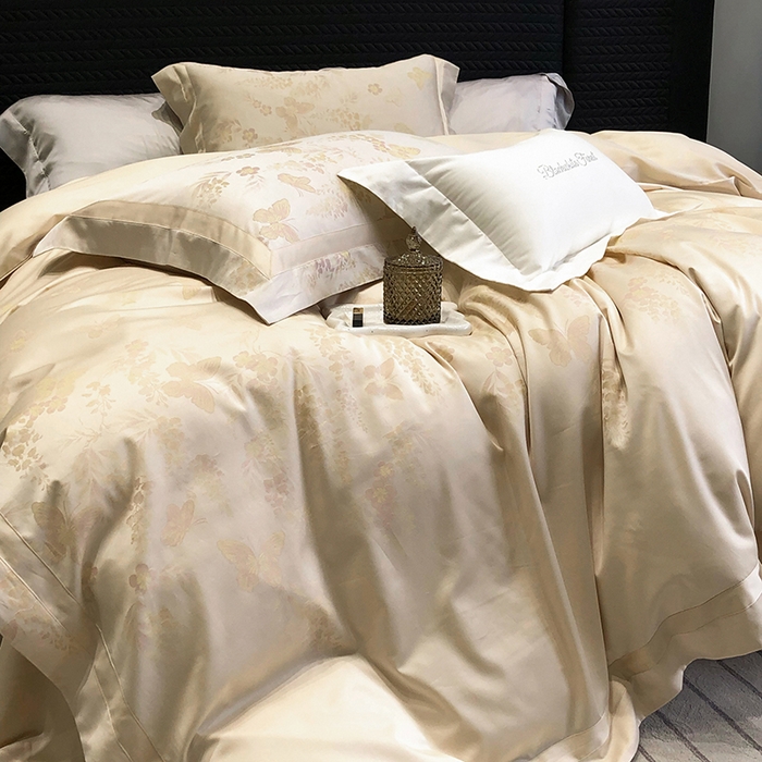 91家纺网 家纺一手货源 找家纺 黑白森林 2025新款50S高支天丝棉色织提花四件套 鸢蝶舞-香槟