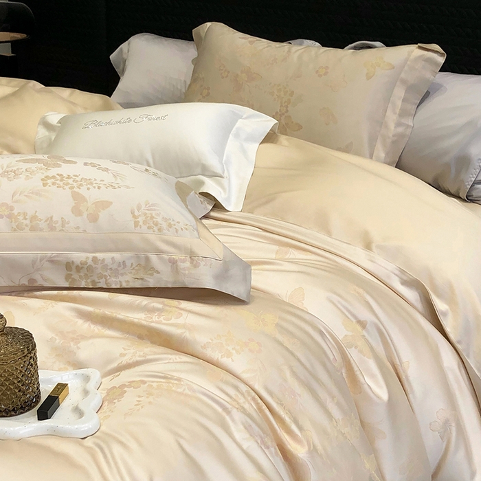 91家纺网 家纺一手货源 找家纺 黑白森林 2025新款50S高支天丝棉色织提花四件套 鸢蝶舞-香槟