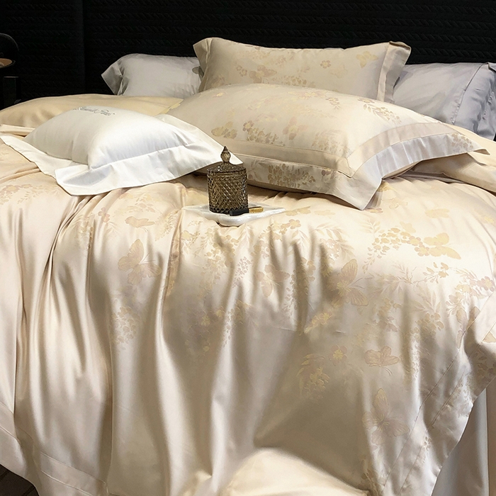 91家纺网 家纺一手货源 找家纺 黑白森林 2025新款50S高支天丝棉色织提花四件套 鸢蝶舞-香槟